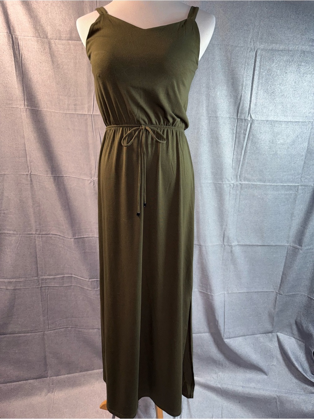 2382-Lildy Olive Green Sleeveless Maxi Dress with Drawstring Waist
